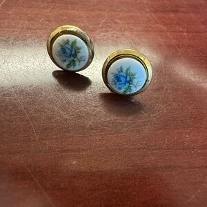 Gold and Blue Floral Porcelain Earrings